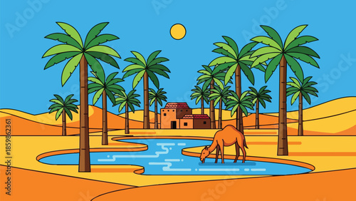 Bright desert oasis illustration with a camel drinking at a blue pond surrounded by palm trees and adobe homes