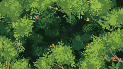 Vibrant green jungle canopy viewed from above a thriving ecosystem bursting with life showcasing colorful tropical birds perched and soaring amidst