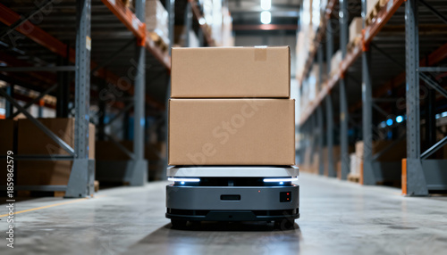 A gray automated mobile robot transports stacked cardboard boxes in a high-bay industrial warehouse.