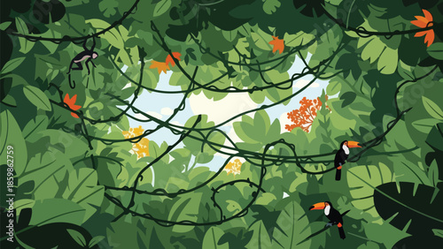 Vibrant tropical jungle ecosystem with playful monkey and exotic toucans amidst lush foliage