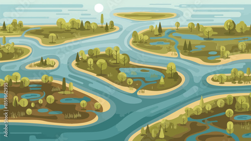 A serene flat design illustration showcasing an intricate river meandering through lush, green islands and wetlands under a soft sky