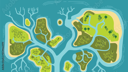 Stylized aerial view of a vibrant river delta, showcasing interconnected green islands, winding channels, and marshland flora. A serene ecosystem