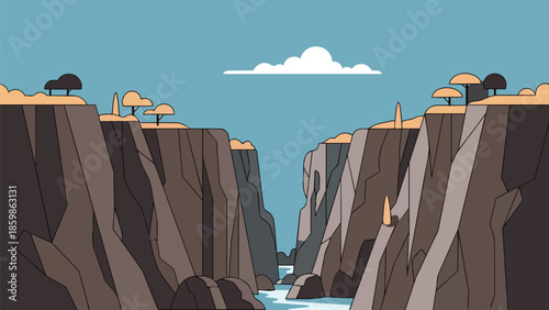 A serene cartoon canyon landscape with a flowing river under a tranquil blue sky and a solitary white cloud
