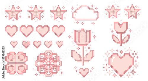 Set of pink pixel art icons including hearts, stars, flowers, and cloud on a white background.