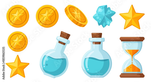 Set of colorful cartoon game elements including coins, stars, potions, crystals, and hourglass.