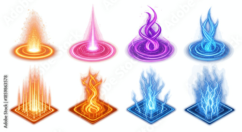 Set of colorful magical energy flames and glowing fire effects on white background.