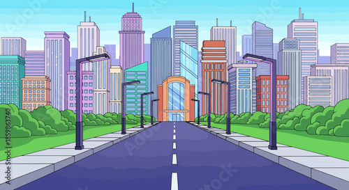 Cartoon cityscape with modern skyscrapers, empty road, and street lamps on a clear day.