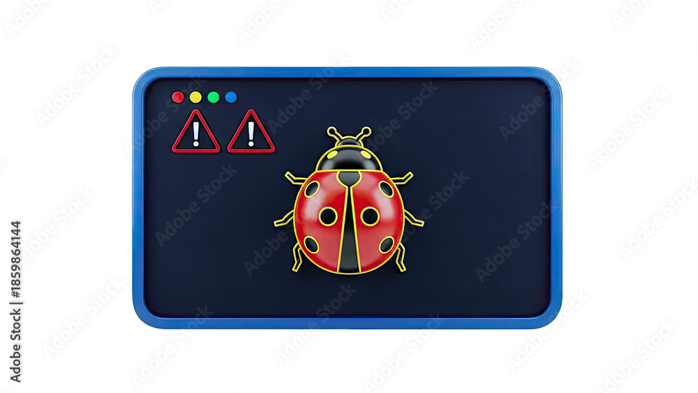 Obraz premium Ladybug as a computer bug symbol with warning signs