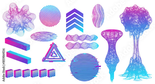 Abstract geometric shapes and futuristic elements in vibrant gradient colors with line patterns.