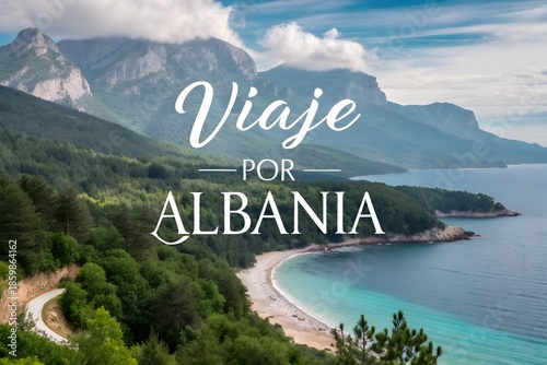 Albania nature landscape travel tourism destination Europe vacation advertising promotion scenic countryside mountains text Viaje por Albania travel symbols journey Balkan tourism marketing design ads