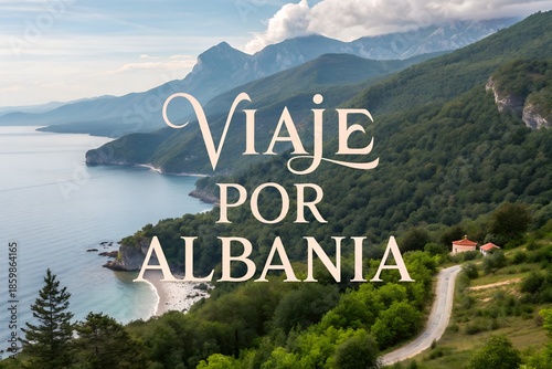 Albania nature travel tourism destination Europe vacation advertising promotion scenic landscape mountains rivers text Viaje por Albania travel elements journey Balkan tourism marketing design poster