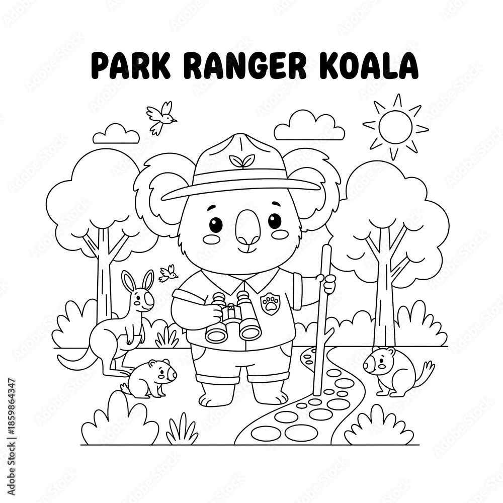 Fototapeta premium Cute Park Ranger Koala Coloring Page for Kids.