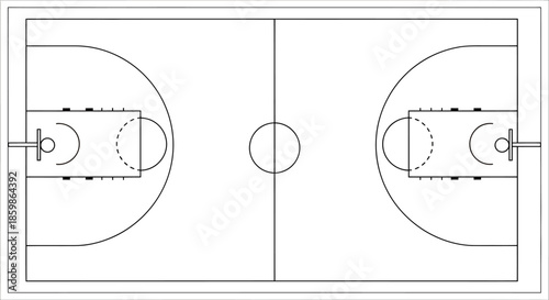 Top view illustration of a standard basketball court layout with markings and hoops.