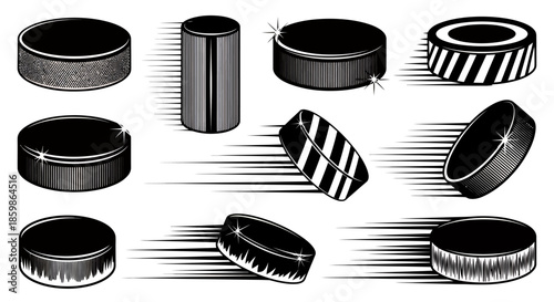 Set of various illustrated hockey pucks in motion with different angles and styles.