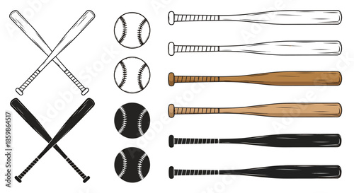 Collection of various baseball bats and balls in different colors and styles illustration.