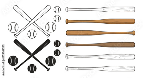 Collection of various baseball bats and balls in different colors and styles illustration.