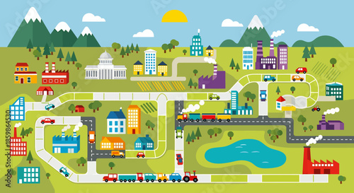 Colorful illustration of a city landscape with buildings, roads, trains, mountains, and nature elements.