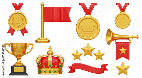 Collection of award symbols including medals, trophies, stars, crown, flag, and ribbon on white background.