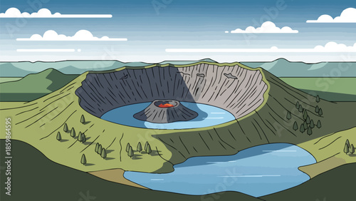 Dynamic geological illustration of a vibrant caldera featuring a pristine lake and an active fiery inner volcanic cone under a peaceful sky