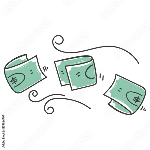 hand drawn doodle banknotes money blown by the wind illustration