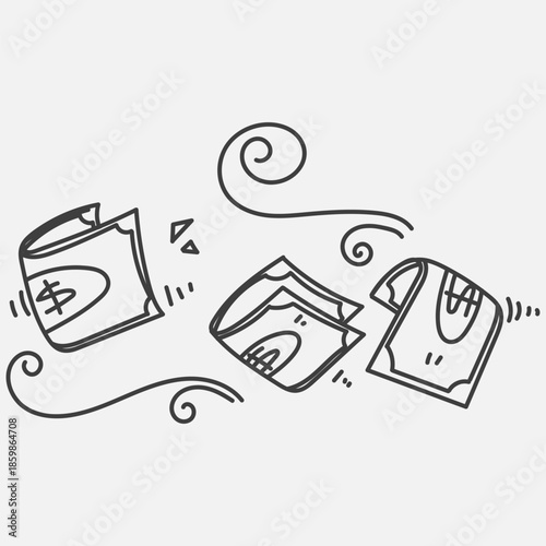 hand drawn doodle banknotes money blown by the wind illustration