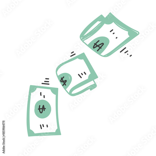 hand drawn doodle banknotes money blown by the wind illustration