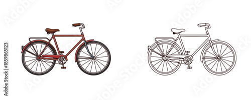 Classic city bicycle with red frame and its black and white outline version on white background used for children coloring pages or transportation design in cartoon style
