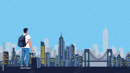 Modern vector illustration of traveler with suitcase looking at city skyline, lifestyle travel concept ideal for tourism, business travel, relocation, and destination marketing