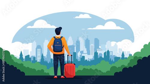 Modern vector illustration of traveler with suitcase looking at city skyline, lifestyle travel concept ideal for tourism, business travel, relocation, and destination marketing
