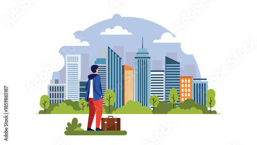 Modern vector illustration of traveler with suitcase looking at city skyline, lifestyle travel concept ideal for tourism, business travel, relocation, and destination marketing