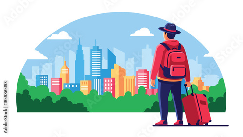 Modern vector illustration of traveler with suitcase looking at city skyline, lifestyle travel concept ideal for tourism, business travel, relocation, and destination marketing