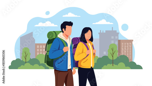 Modern vector illustration of couple traveling with backpacks in city, lifestyle tourism concept ideal for urban travel, holidays, and destination promotion