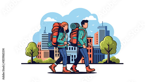 Modern vector illustration of couple traveling with backpacks in city, lifestyle tourism concept ideal for urban travel, holidays, and destination promotion