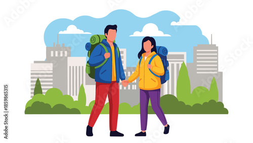 Modern vector illustration of couple traveling with backpacks in city, lifestyle tourism concept ideal for urban travel, holidays, and destination promotion