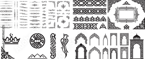 Set of islamic design elements with borders frames and arch design featuring intricate geometric patterns and classic arabesque style vectors