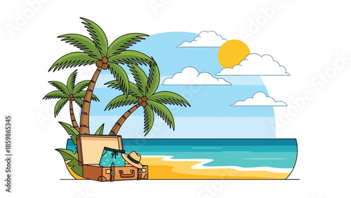 Modern vector illustration of tropical beach with palm trees and suitcase, summer vacation and leisure travel concept ideal for tourism and holiday promotions