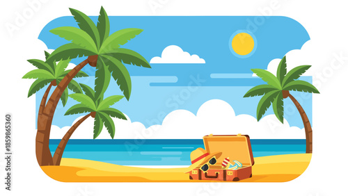 Modern vector illustration of tropical beach with palm trees and suitcase, summer vacation and leisure travel concept ideal for tourism and holiday promotions