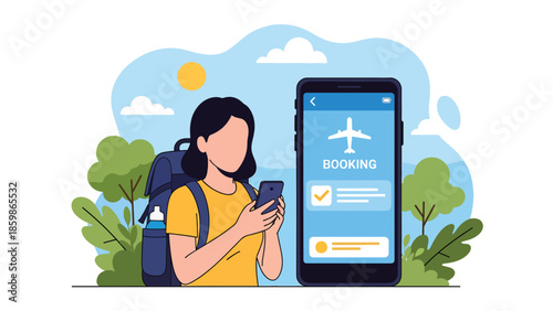 Modern vector illustration of mobile travel booking with smartphone and destination icons, digital tourism and online booking concept ideal for travel services
