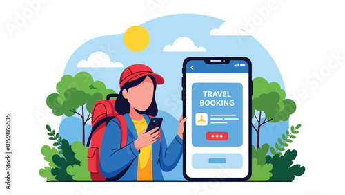 Modern vector illustration of mobile travel booking with smartphone and destination icons, digital tourism and online booking concept ideal for travel services