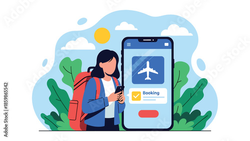Modern vector illustration of mobile travel booking with smartphone and destination icons, digital tourism and online booking concept ideal for travel services