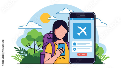 Modern vector illustration of mobile travel booking with smartphone and destination icons, digital tourism and online booking concept ideal for travel services