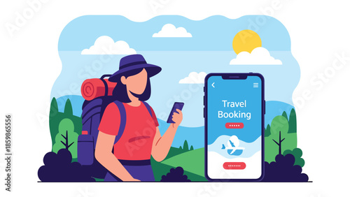 Modern vector illustration of mobile travel booking with smartphone and destination icons, digital tourism and online booking concept ideal for travel services