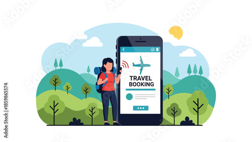 Modern vector illustration of mobile travel booking with smartphone and destination icons, digital tourism and online booking concept ideal for travel services