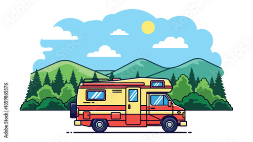 Modern vector illustration of camper van parked in nature, slow travel and outdoor adventure concept ideal for road trips and lifestyle tourism
