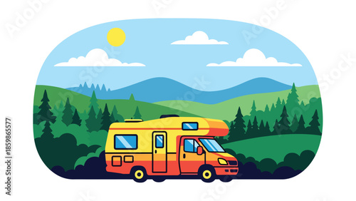 Modern vector illustration of camper van parked in nature, slow travel and outdoor adventure concept ideal for road trips and lifestyle tourism