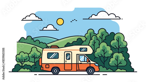 Modern vector illustration of camper van parked in nature, slow travel and outdoor adventure concept ideal for road trips and lifestyle tourism