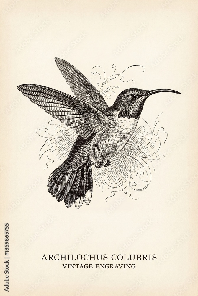 Naklejka premium Vintage engraving of the hummingbird showcasing intricate details and elegant design