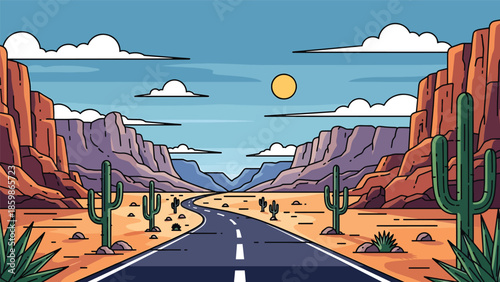 Modern vector illustration of desert road travel with mountains, exploration and freedom concept ideal for adventure tourism and road trip visuals