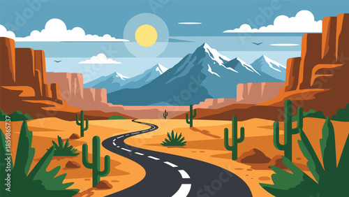 Modern vector illustration of desert road travel with mountains, exploration and freedom concept ideal for adventure tourism and road trip visuals