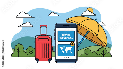Modern vector illustration of travel insurance concept with suitcase, safe travel and protection theme ideal for tourism and insurance marketing